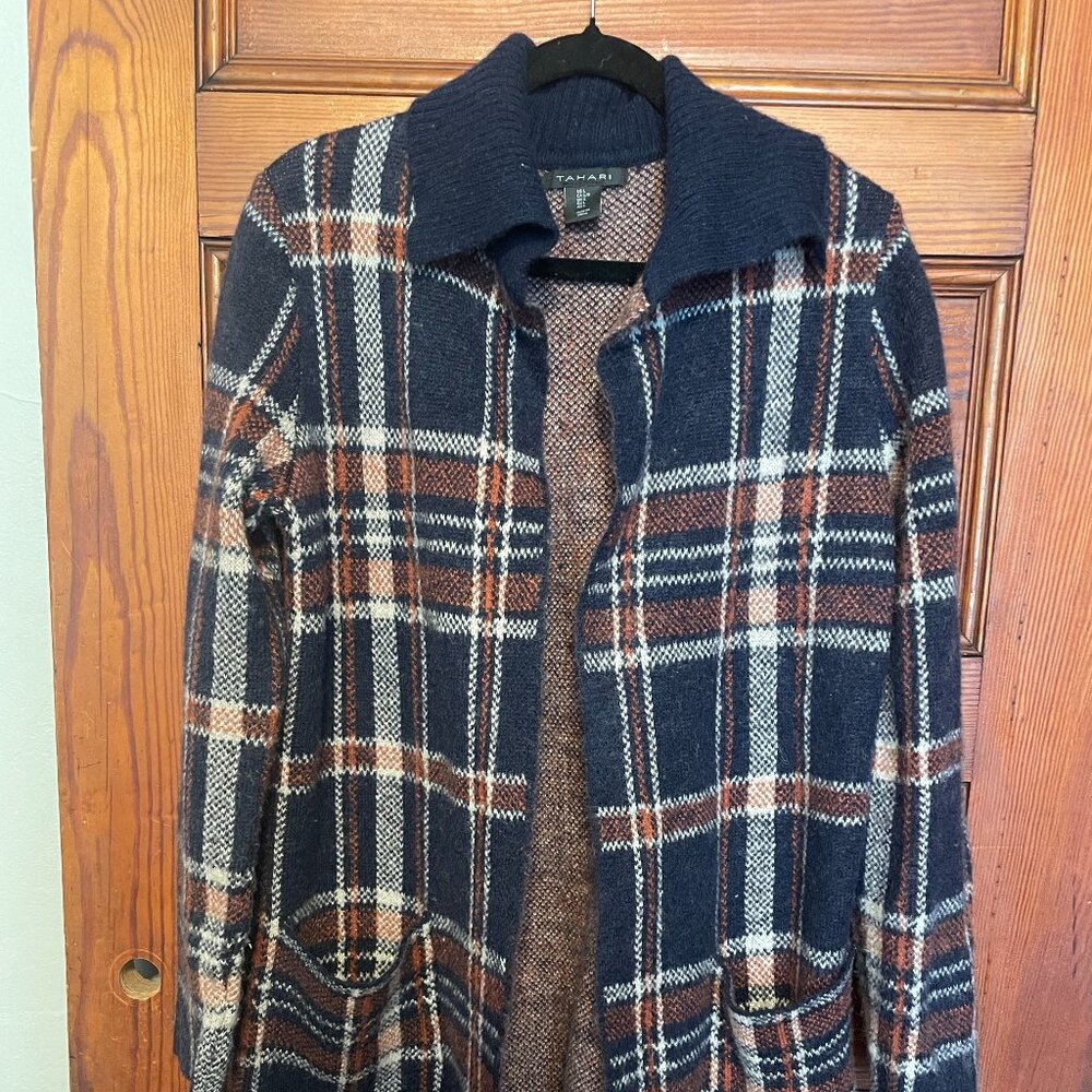 Womens Sweater-TAHARI-navy/orange/white plaid wool blend open duster/cardigan-L